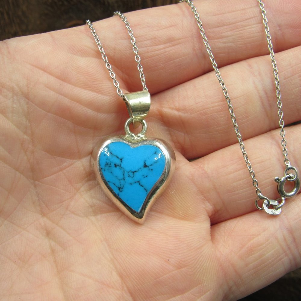 16" Sterling Rustic Blue Inlay Heart Love Necklace - Picture 2 of 6